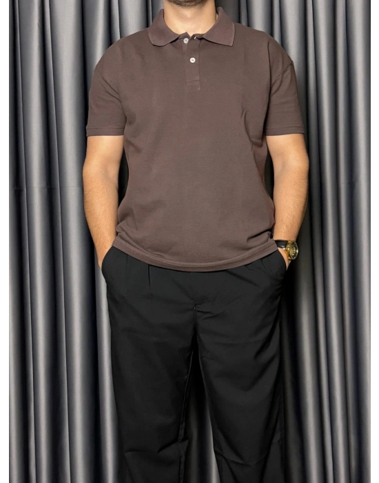 Polo Yaka Kollar Dar Kesim Tshirt - Kahverengi