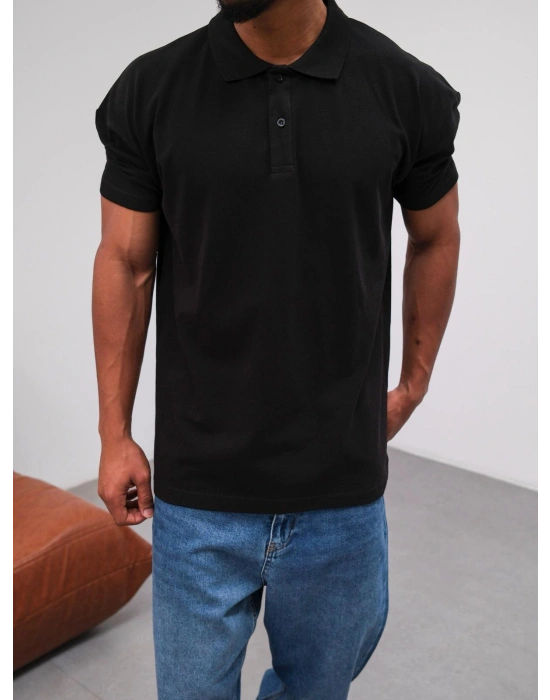Polo Yaka Kollar Dar Kesim Tshirt - Siyah