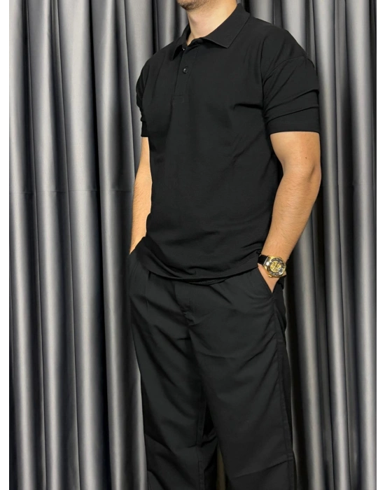 Polo Yaka Kollar Dar Kesim Tshirt - Siyah