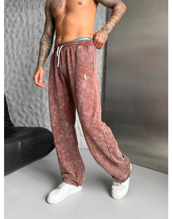 POLO YIKAMALI NAKIŞ 2 İPLİK BAGGY EŞOFMAN - KAHVERENGİ