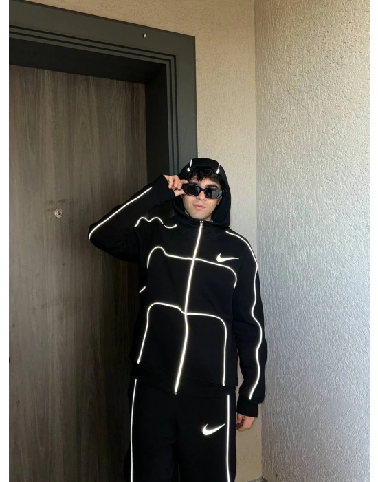 REFLEKTÖR DETAYLI EŞOFMAN TAKIMI - SİYAH