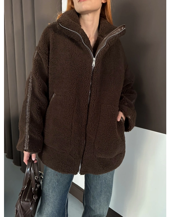 Şerit Detay Peluş Ceket - Kahverengi