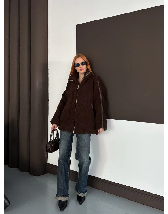 Şerit Detay Peluş Ceket - Kahverengi