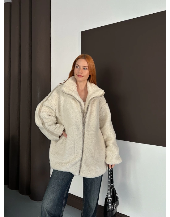 Şerit Detay Peluş Ceket - Krem