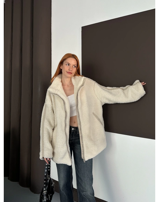 Şerit Detay Peluş Ceket - Krem
