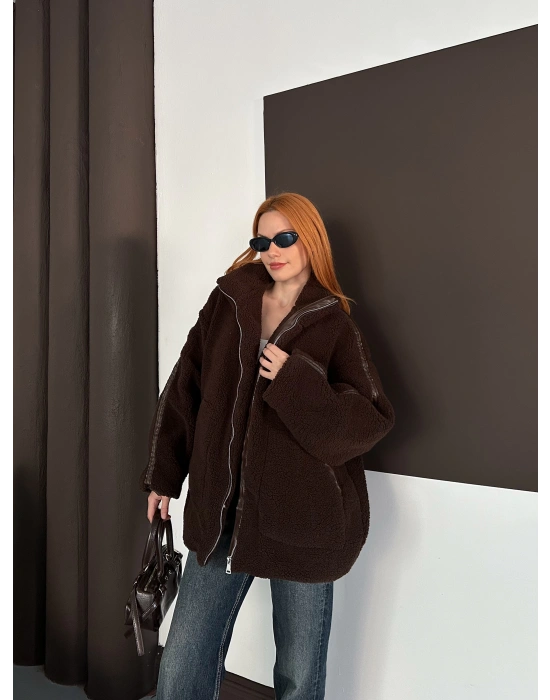 Şerit Detay Peluş Ceket - Kahverengi