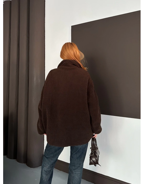 Şerit Detay Peluş Ceket - Kahverengi