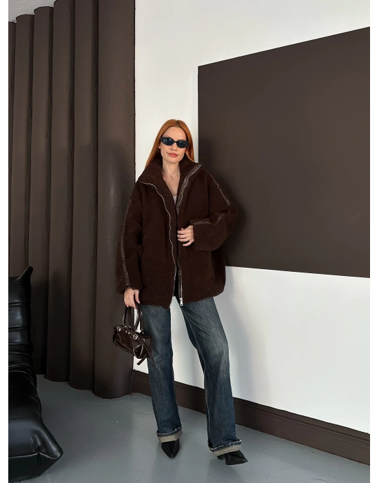 Şerit Detay Peluş Ceket - Kahverengi
