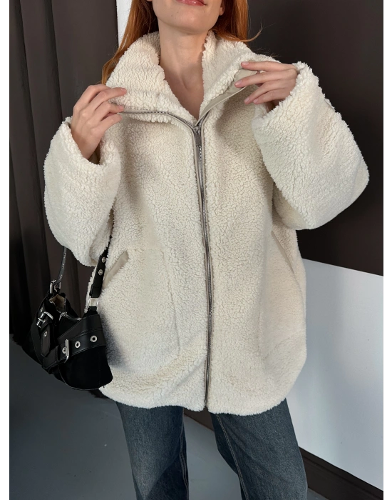 Şerit Detay Peluş Ceket - Krem