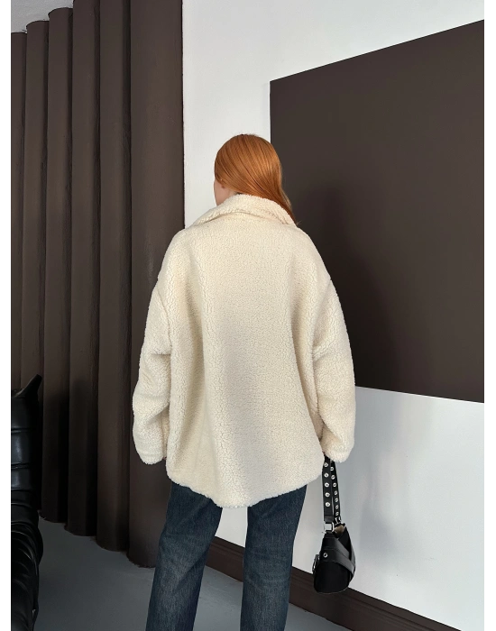 Şerit Detay Peluş Ceket - Krem
