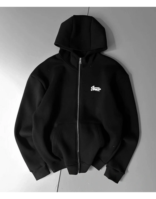 STW BASKI DETAY 3 İPLİK OVERSİZE HIRKA - SİYAH