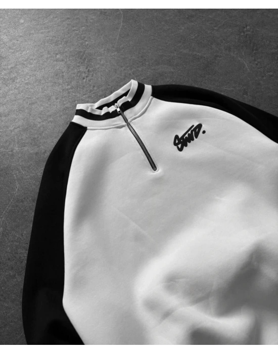 STW BASKI DETAY YARIM FERMUAR 3 İPLİK SWEAT - BEYAZ