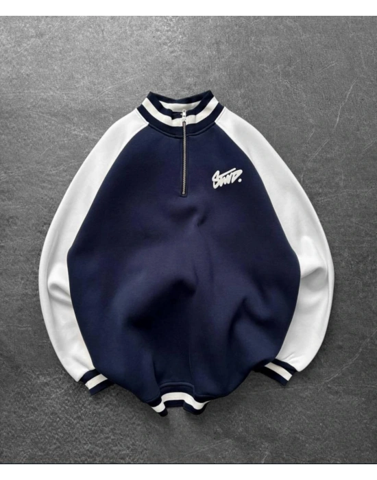 STW BASKI DETAY YARIM FERMUAR 3 İPLİK SWEAT - LACİVERT