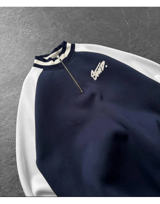 STW BASKI DETAY YARIM FERMUAR 3 İPLİK SWEAT - LACİVERT