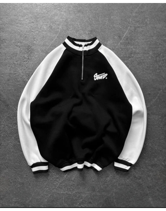 STW BASKI DETAY YARIM FERMUAR 3 İPLİK SWEAT - SİYAH