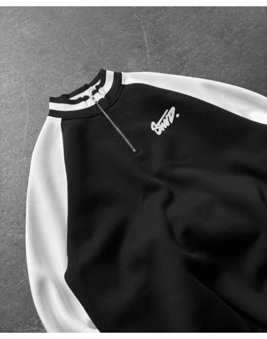 STW BASKI DETAY YARIM FERMUAR 3 İPLİK SWEAT - SİYAH