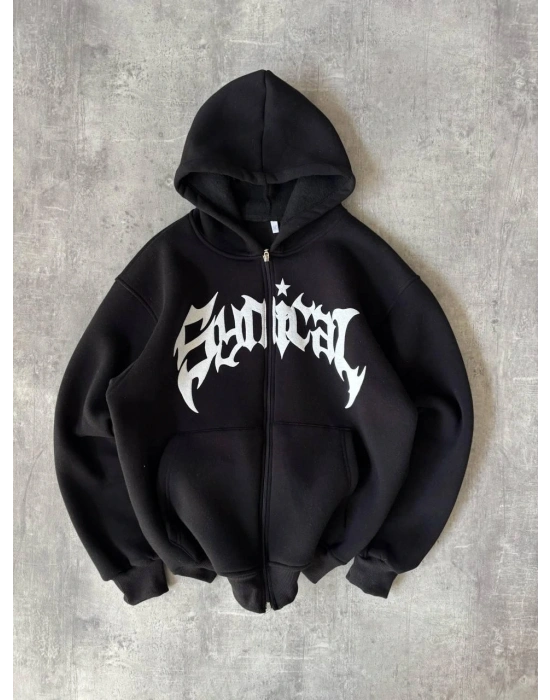 SYNİCAL TAŞLI OVERSİZE 3 İPLİK HIRKA - SİYAH