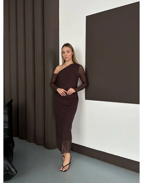 Taş Detay Elbise - Kahverengi