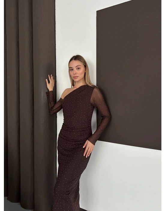 Taş Detay Elbise - Kahverengi