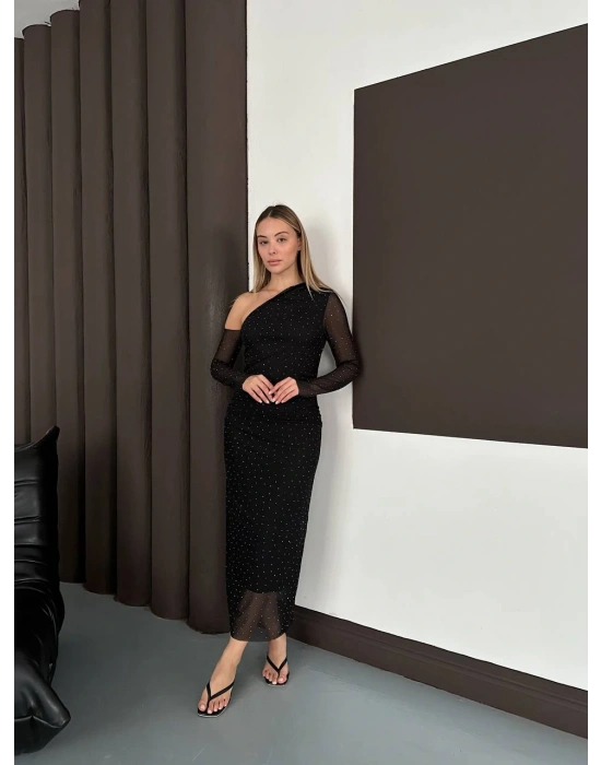 Taş Detay Elbise - Siyah