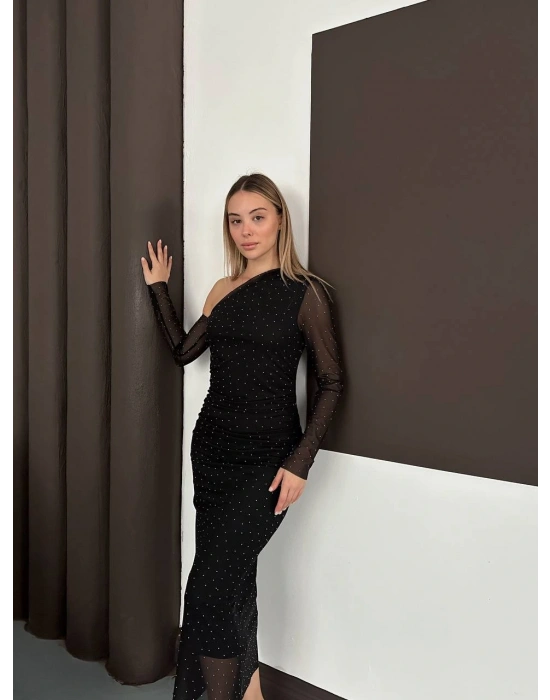 Taş Detay Elbise - Siyah