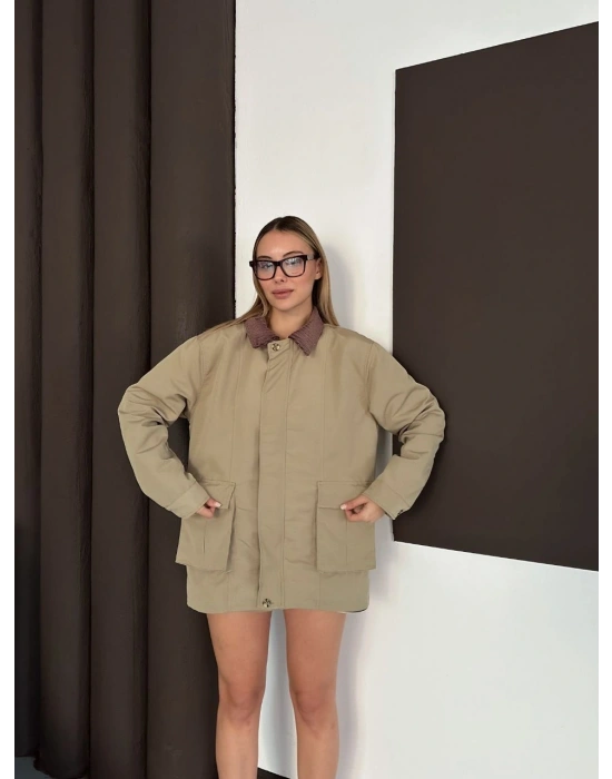 Yaka Detay Ekose Ceket - Haki