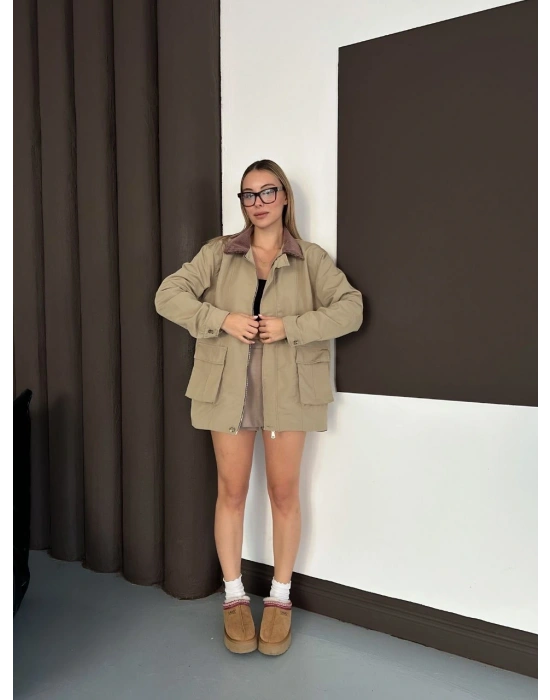 Yaka Detay Ekose Ceket - Haki