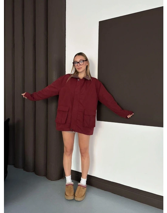 Yaka Detay Ekose Ceket -Bordo