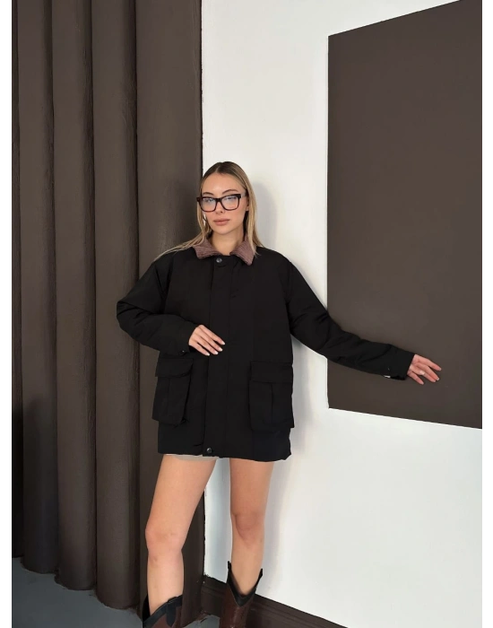 Yaka Detay Ekose Ceket - Siyah