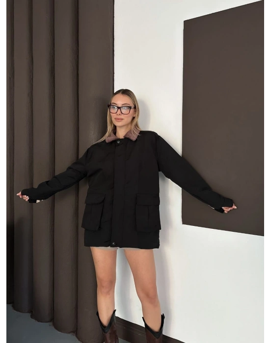 Yaka Detay Ekose Ceket - Siyah