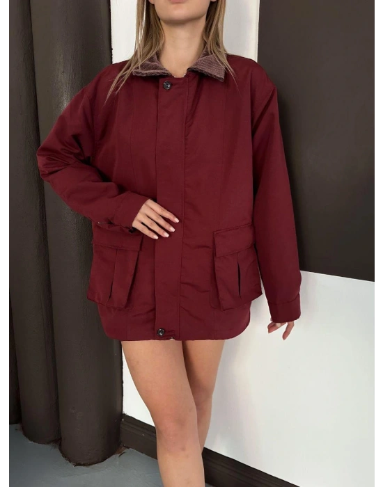 Yaka Detay Ekose Ceket -Bordo