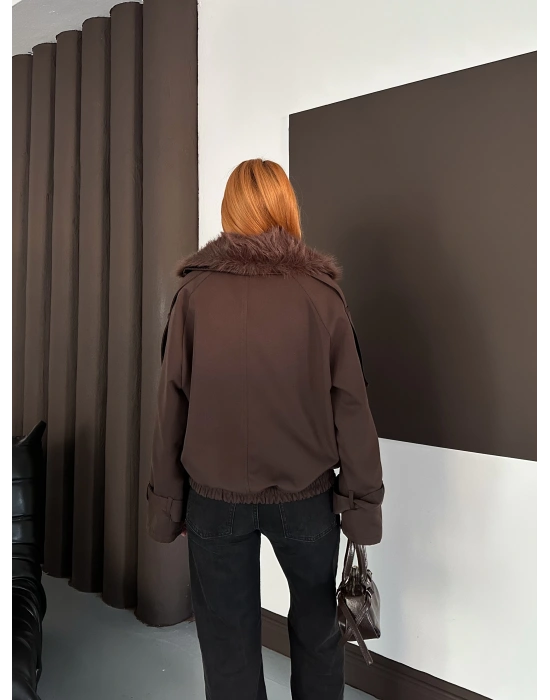 Yaka Peluş Trençkot - Kahverengi