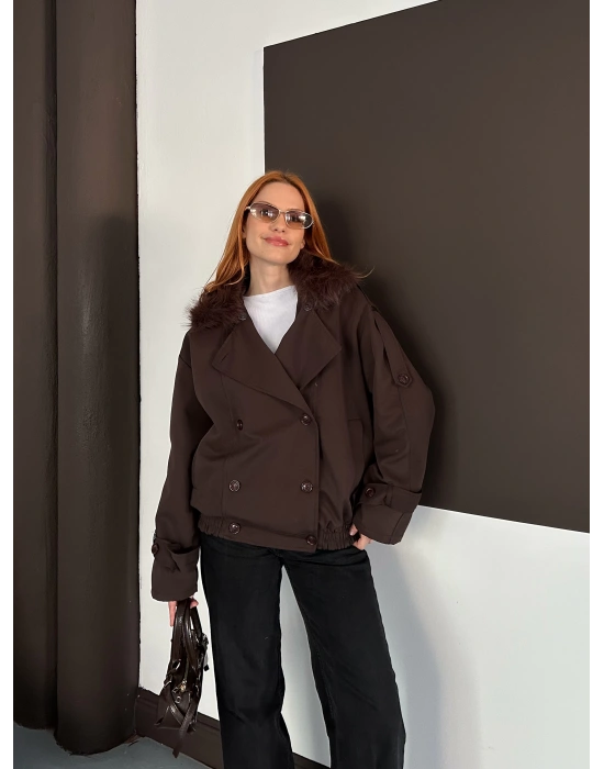 Yaka Peluş Trençkot - Kahverengi