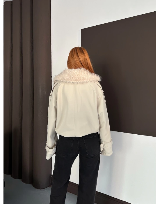 Yaka Peluş Trençkot - Krem