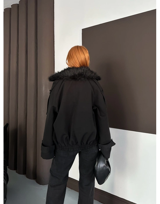 Yaka Peluş Trençkot - Siyah