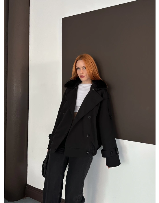 Yaka Peluş Trençkot - Siyah