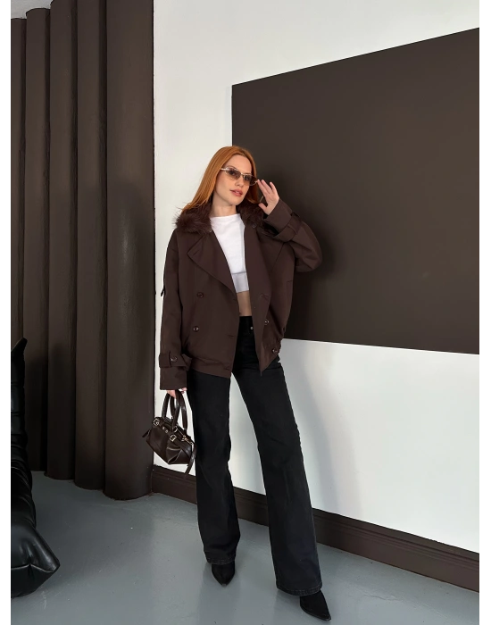 Yaka Peluş Trençkot - Kahverengi