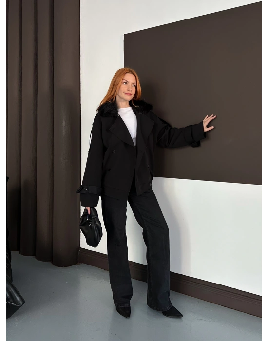 Yaka Peluş Trençkot - Siyah