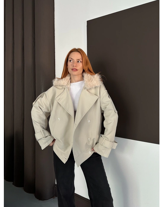 Yaka Peluş Trençkot - Krem