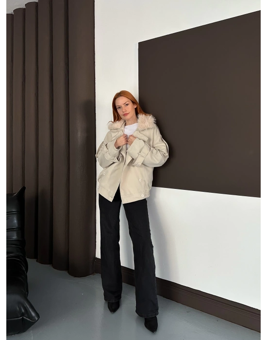 Yaka Peluş Trençkot - Krem