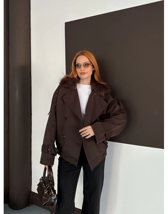 Yaka Peluş Trençkot - Kahverengi