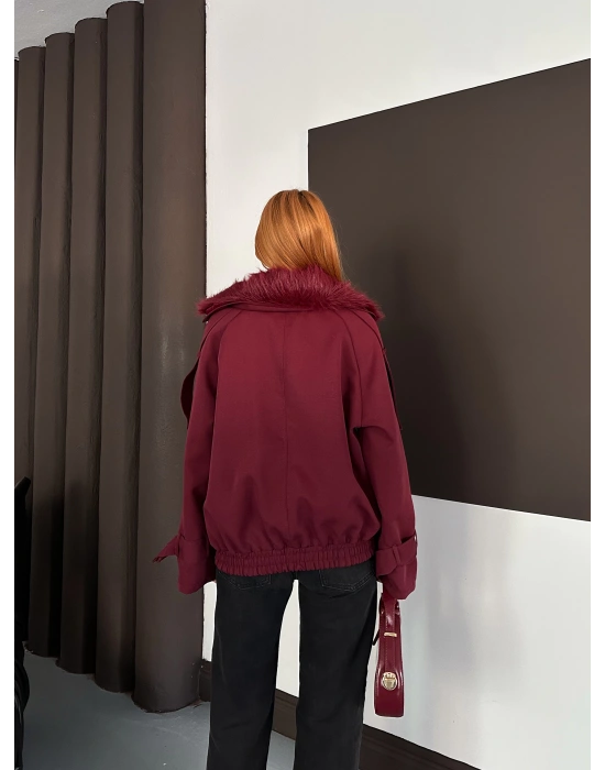 Yaka Peluş Trençkot - Bordo