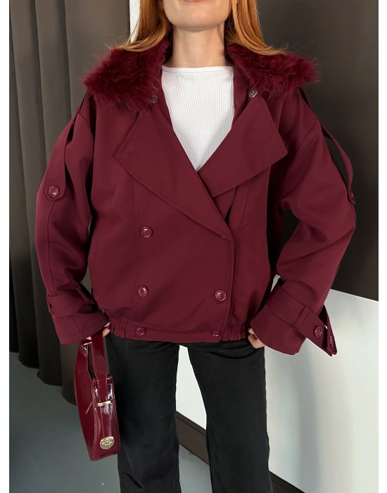 Yaka Peluş Trençkot - Bordo