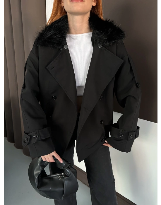 Yaka Peluş Trençkot - Siyah