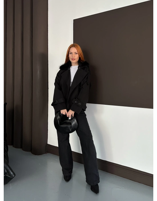 Yaka Peluş Trençkot - Siyah