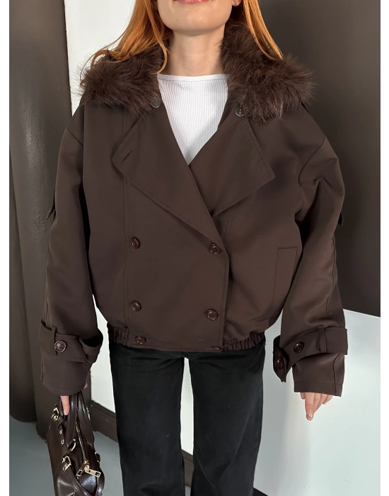 Yaka Peluş Trençkot - Kahverengi