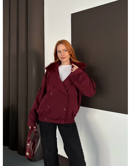 Yaka Peluş Trençkot - Bordo