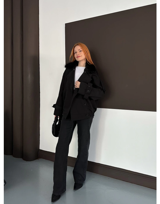 Yaka Peluş Trençkot - Siyah