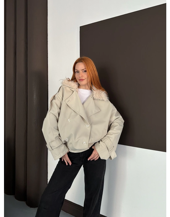 Yaka Peluş Trençkot - Krem