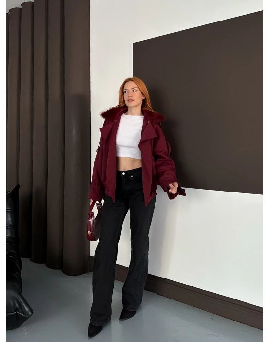 Yaka Peluş Trençkot - Bordo
